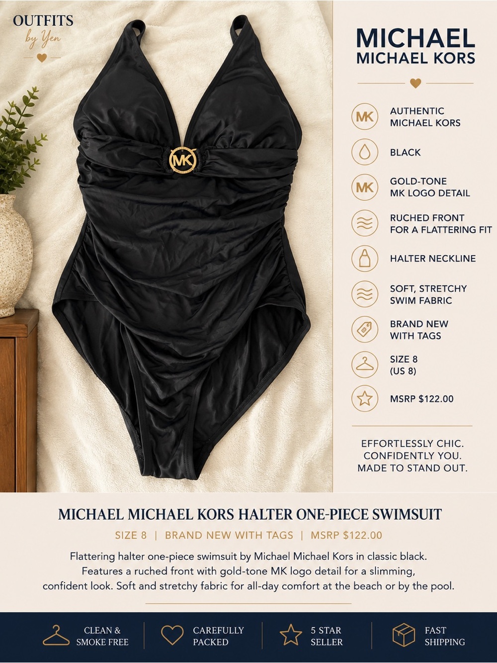 MICHAEL Michael Kors Black Halter One-Piece Swimsuit with Gold MK Logo
